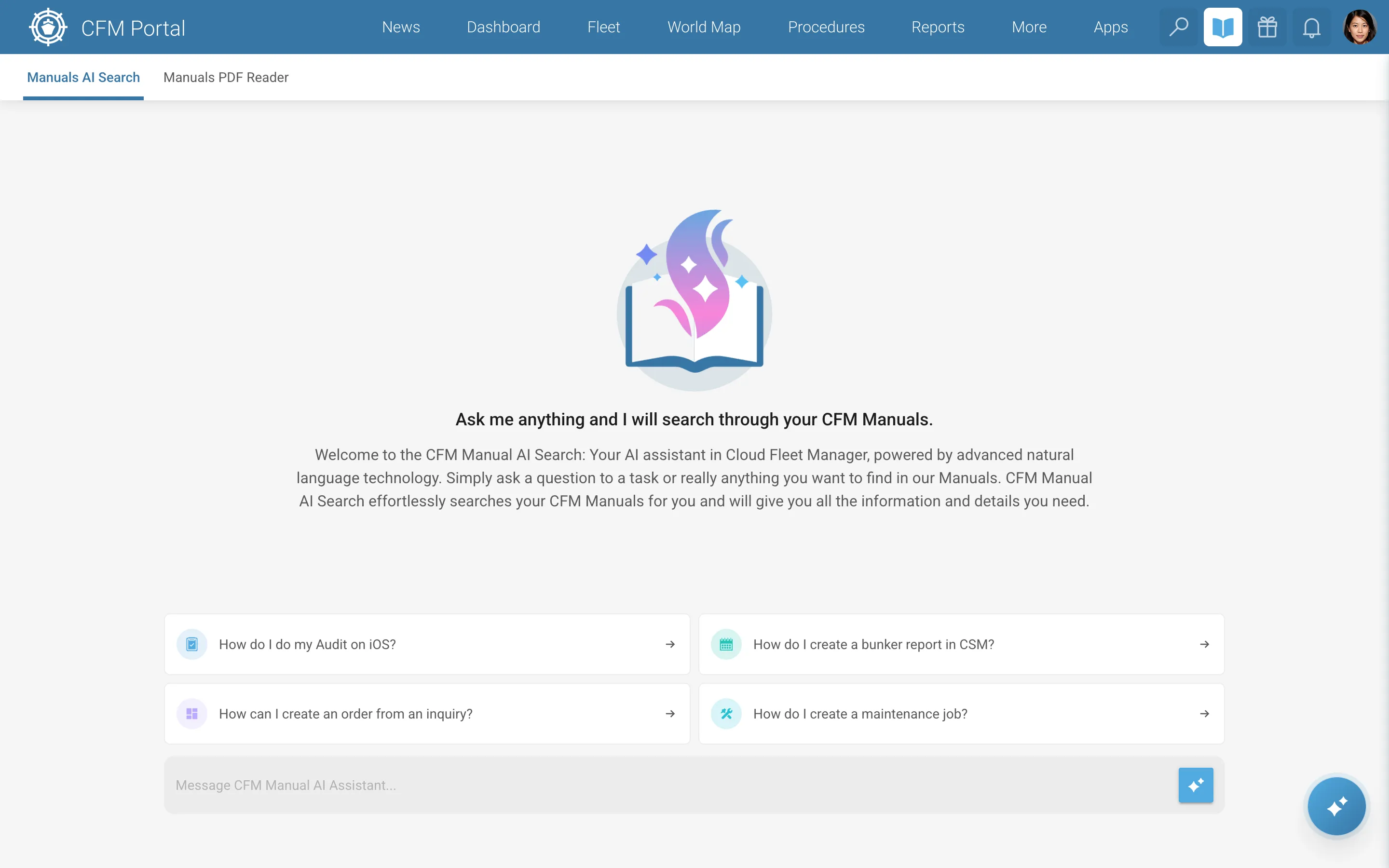 Screenshot of CFM Portal AI Manual Search
